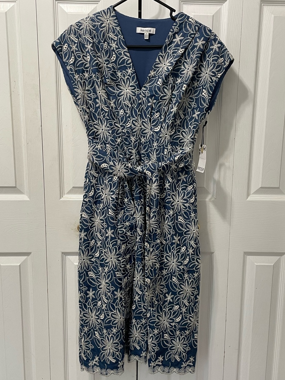 NWT Sky Blue Kensie Embroidered Fit and Flair Dress with Tie Waist.